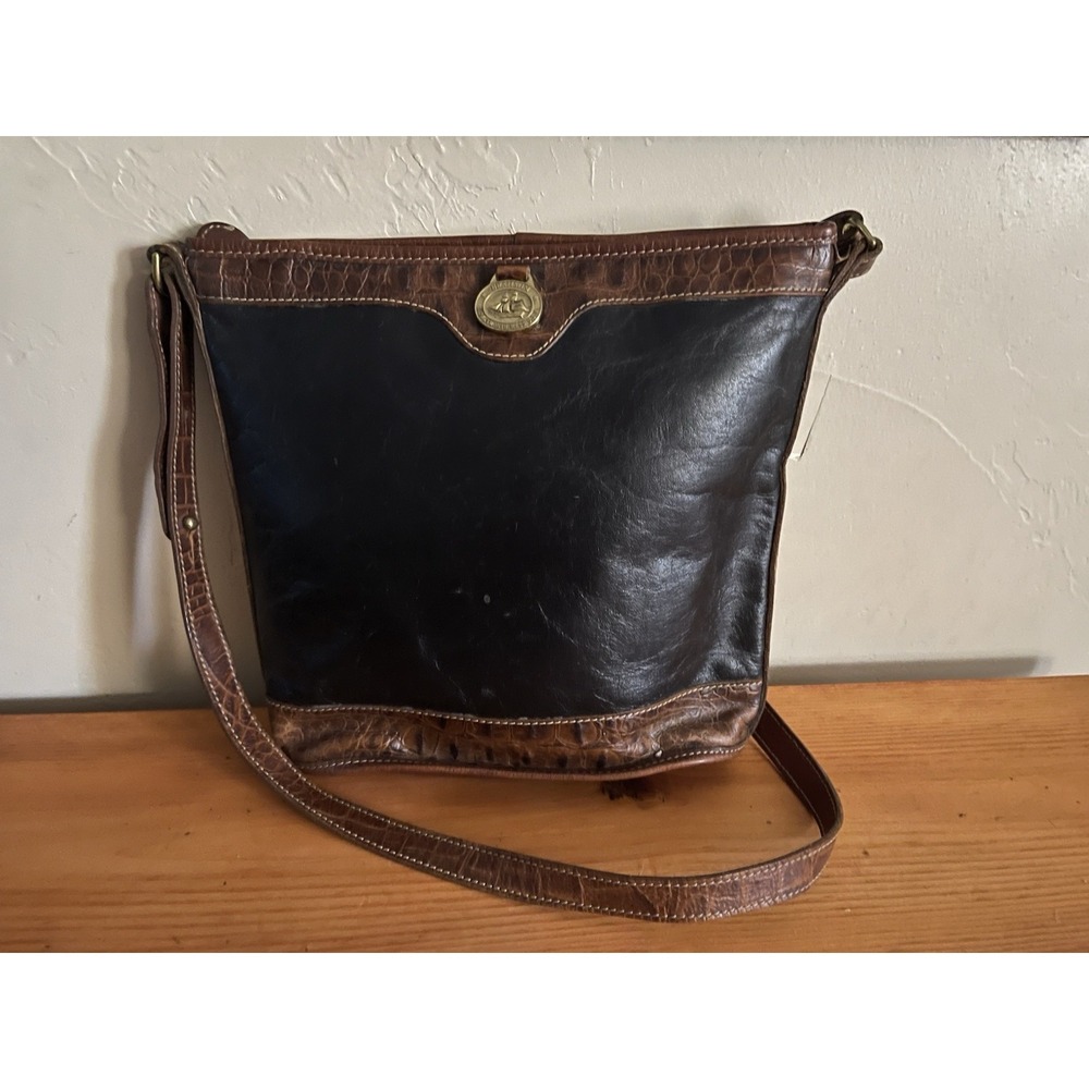 Brahmin Tuscan Black Brown Mock Croc Leather Crossbody Purse VTG Shoulder Bag